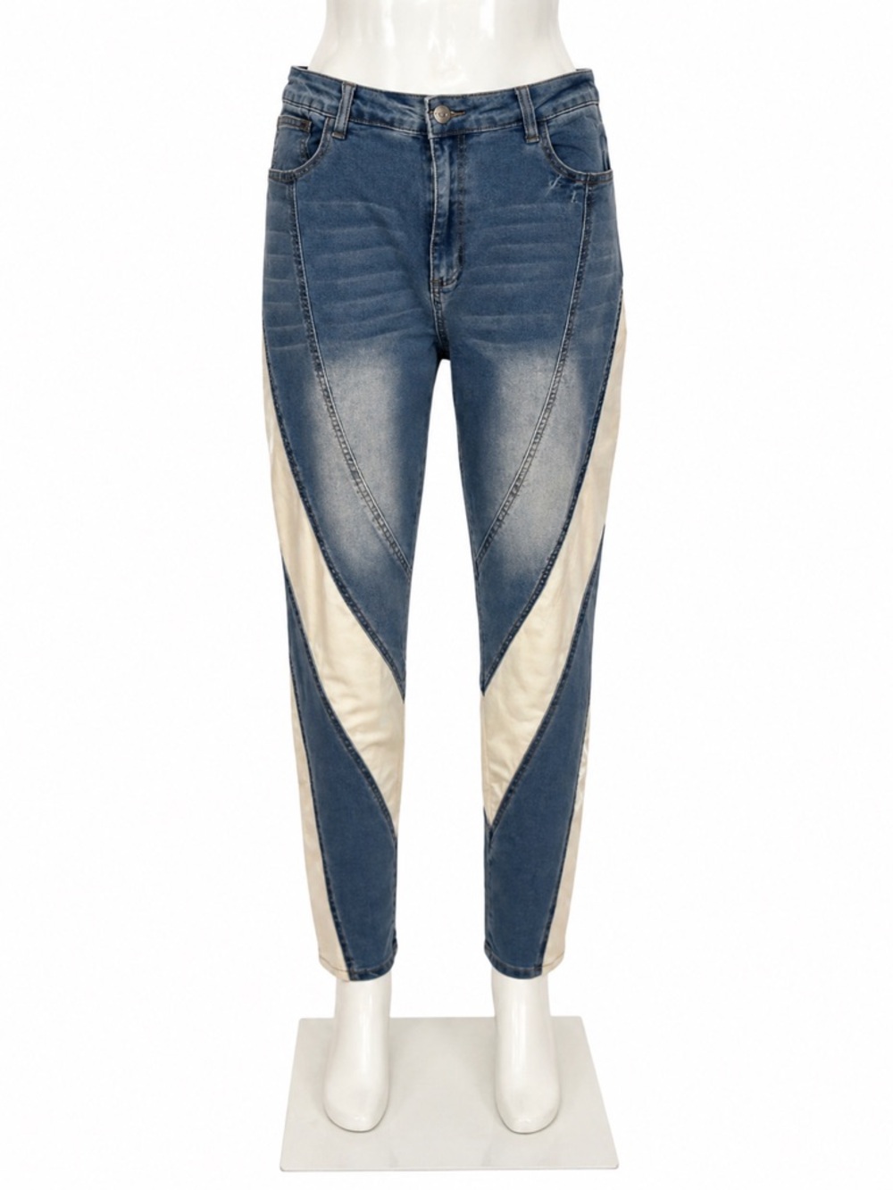 Fashion Nova Women Blue and Cream Colorblock Skinny Jeans